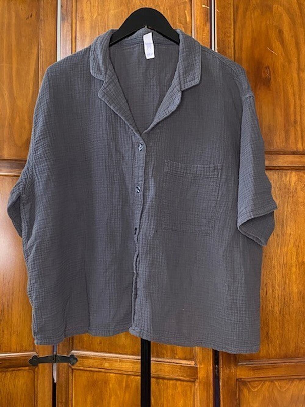 Stars Above Womens XL Gray Double Gauze Cotton Sleep Shirt Button Front Lounge